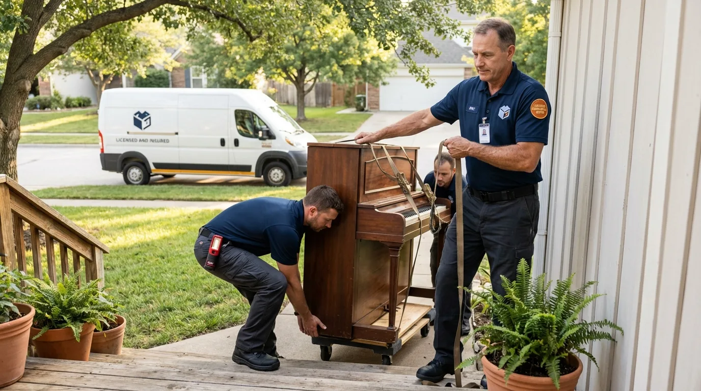 Licensed piano movers securing grand piano in Claremont, NH