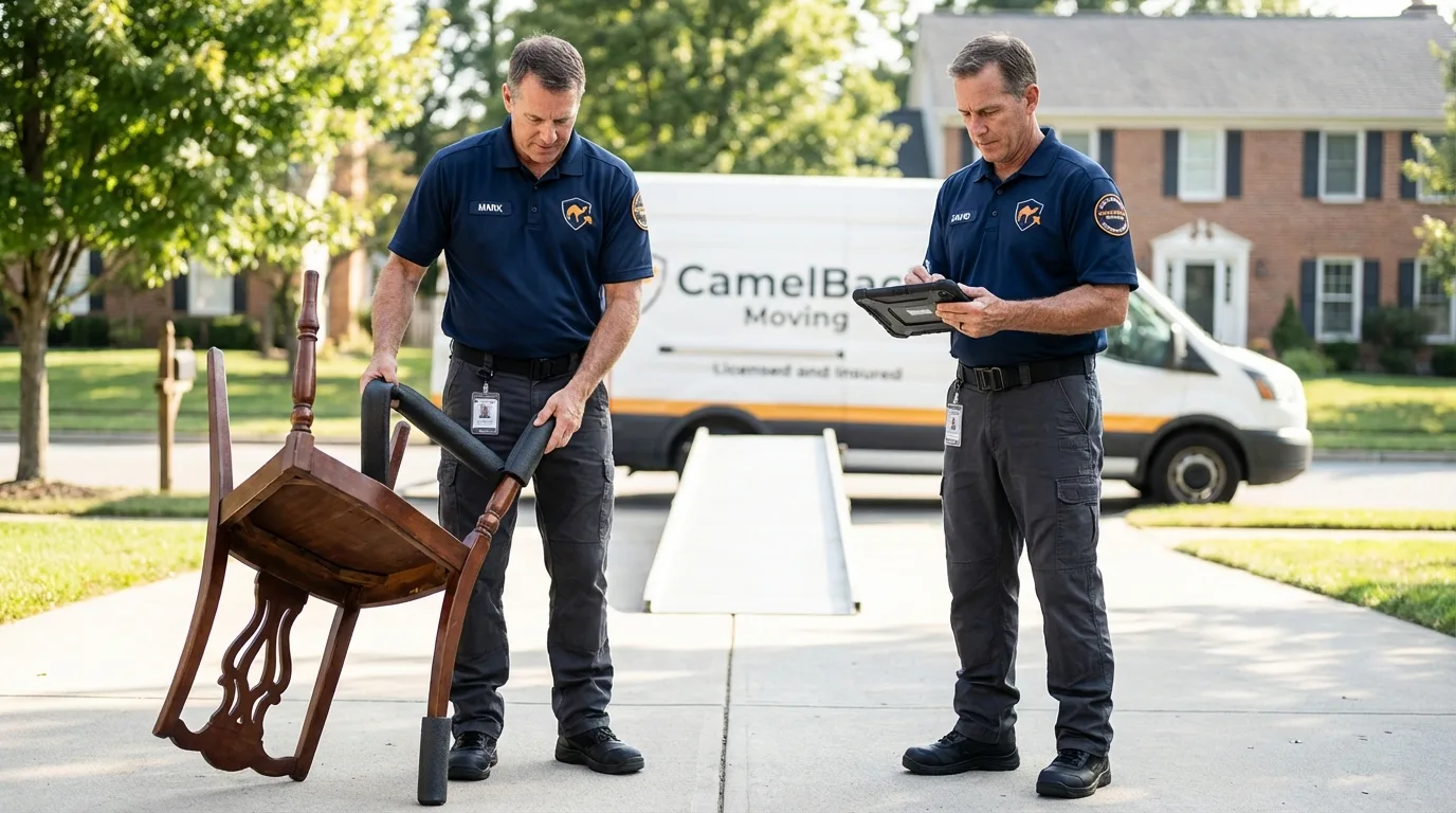 Movers inspecting furniture for damage prevention before loading in Claremont, NH