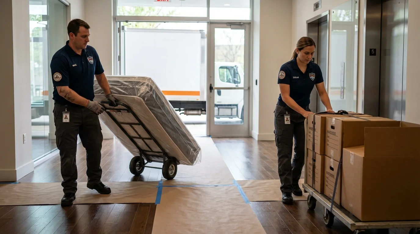 Professional apartment movers loading elevator in Claremont, NH