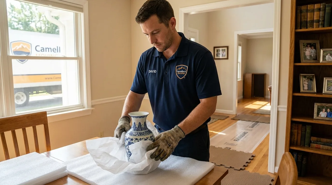 Professional crew carefully wrapping antique vase for senior downsizing move in Claremont, NH