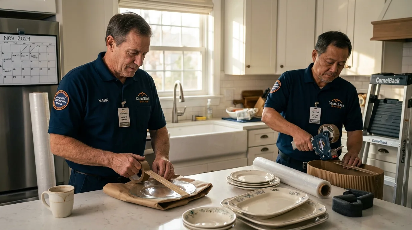 Professional crew packing kitchen dishware in Claremont, NH