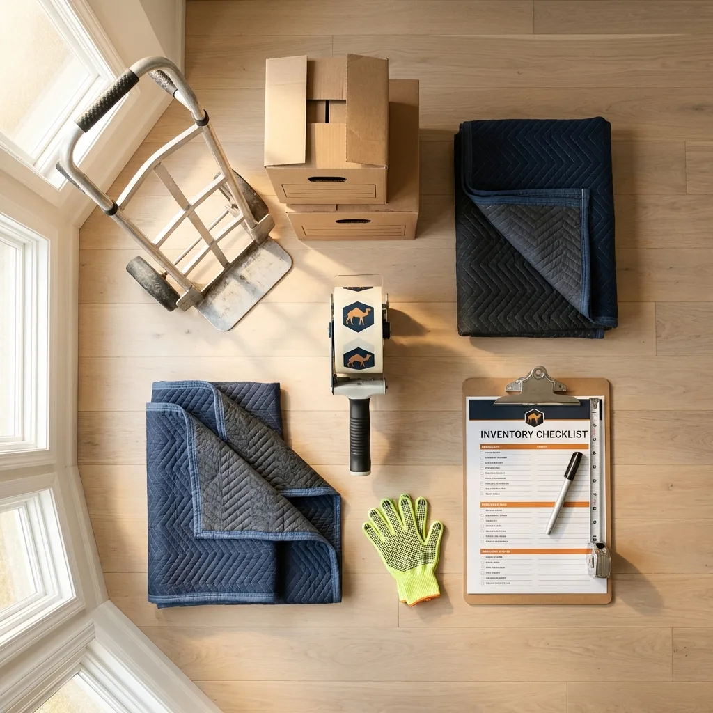 Professional moving supplies and packing materials layout for Claremont residential relocations